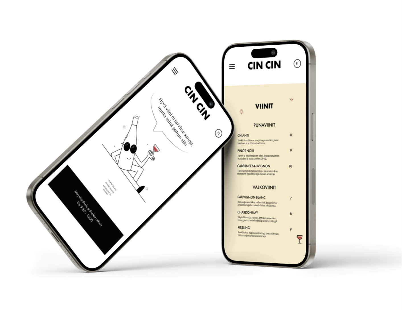 Two CIN CIN mobile phone mockups: one showing an illustrated contact screen, the other showing the wine menu on a pale yellow background