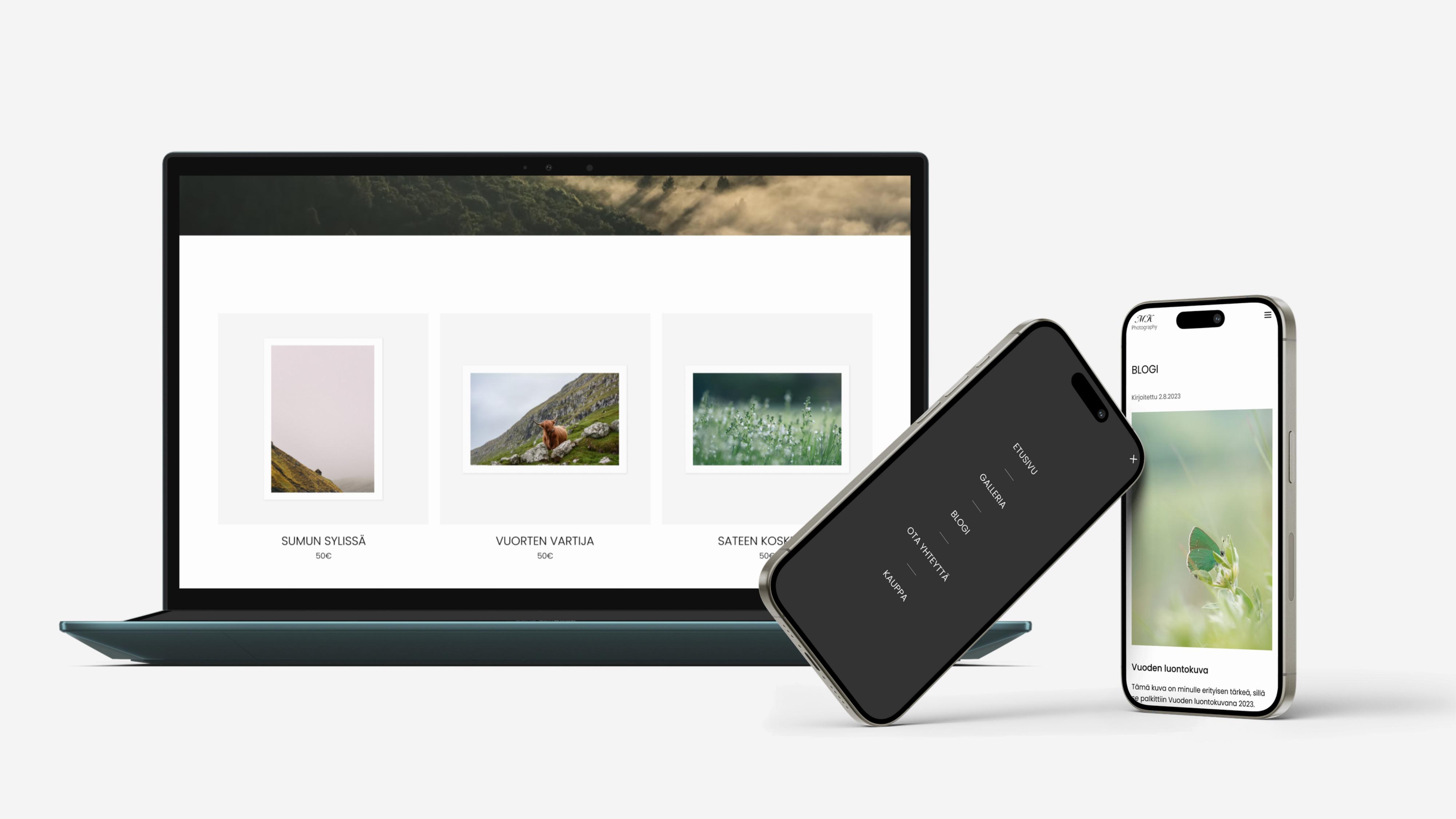 Responsive design mockup showing the nature photographer website on a laptop and two phones