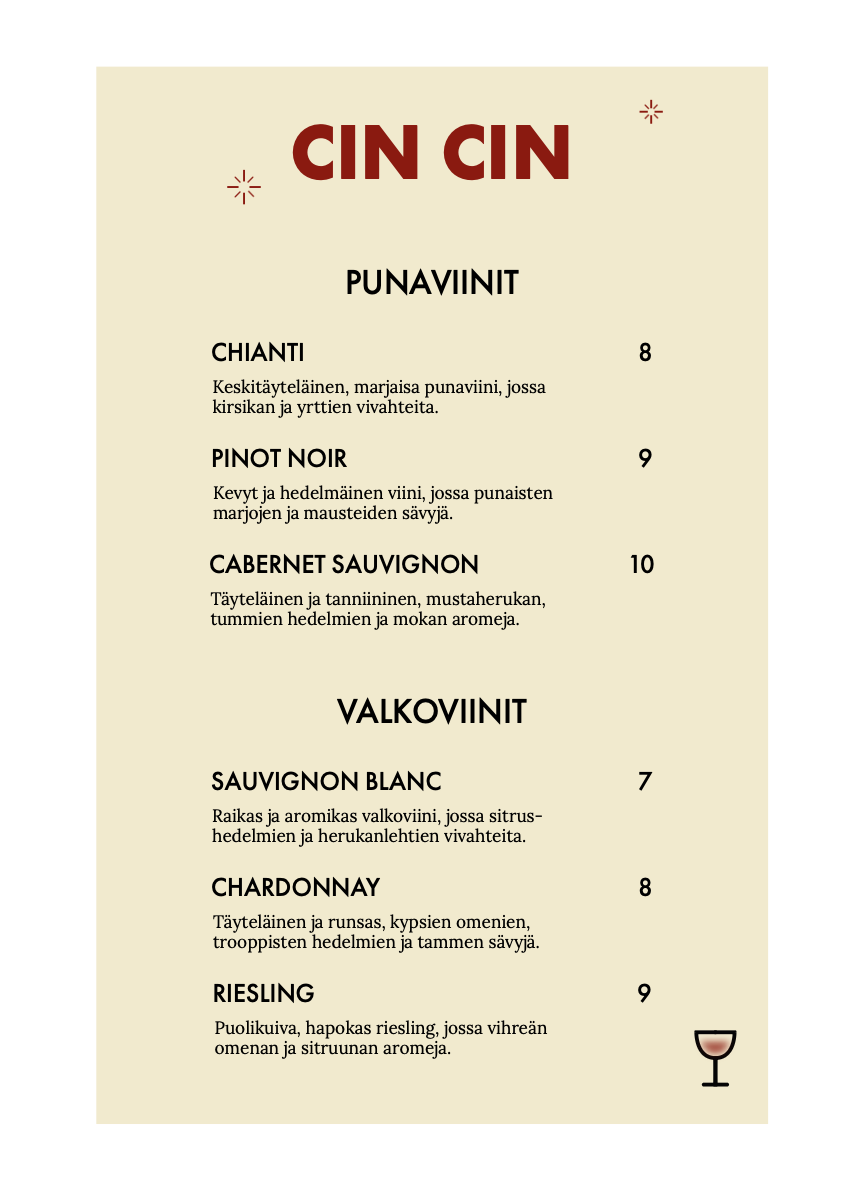 CIN CIN wine menu with the red logo on a pale yellow background, listing red and white wines