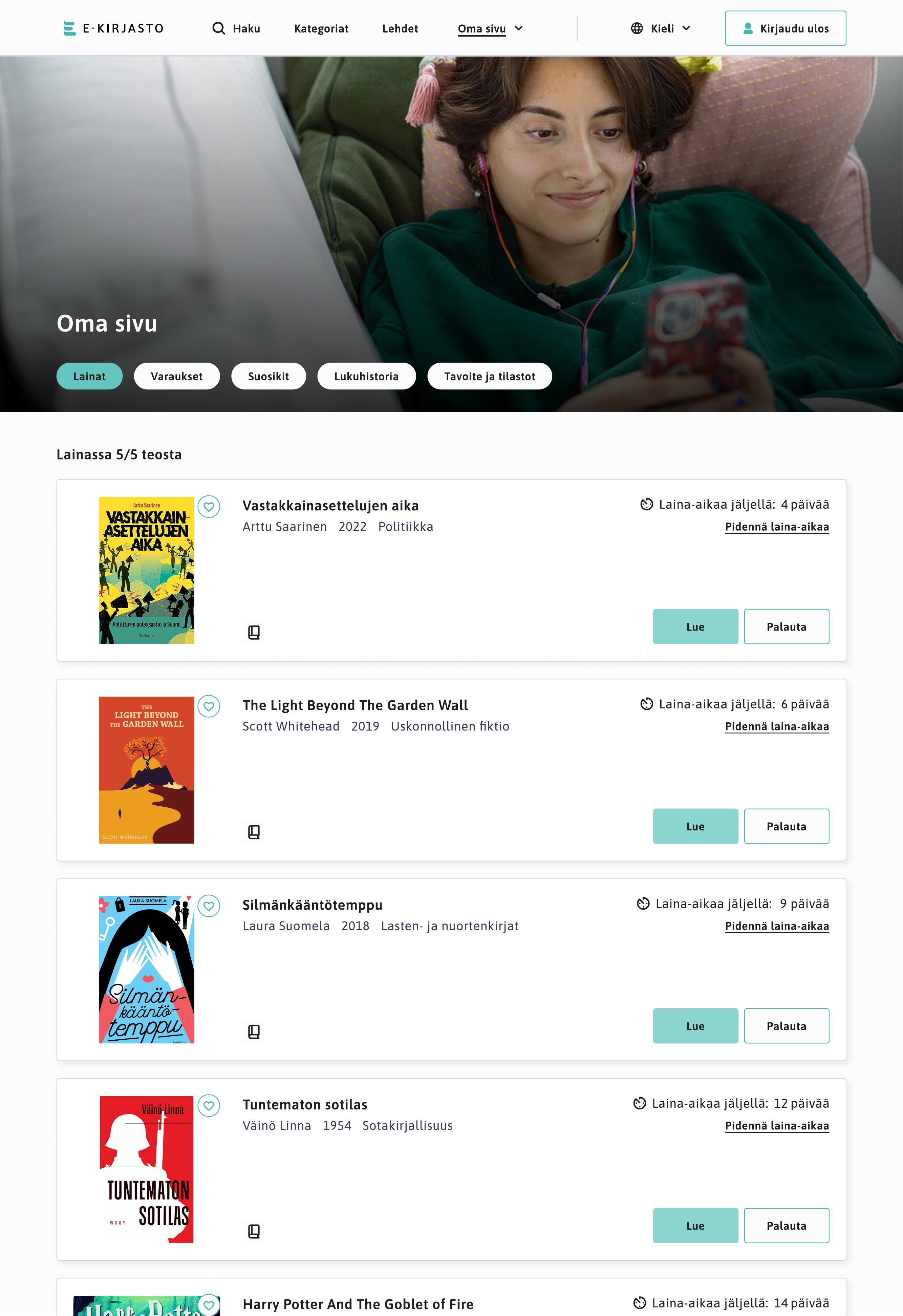Final design of the E-Library content / book discovery view