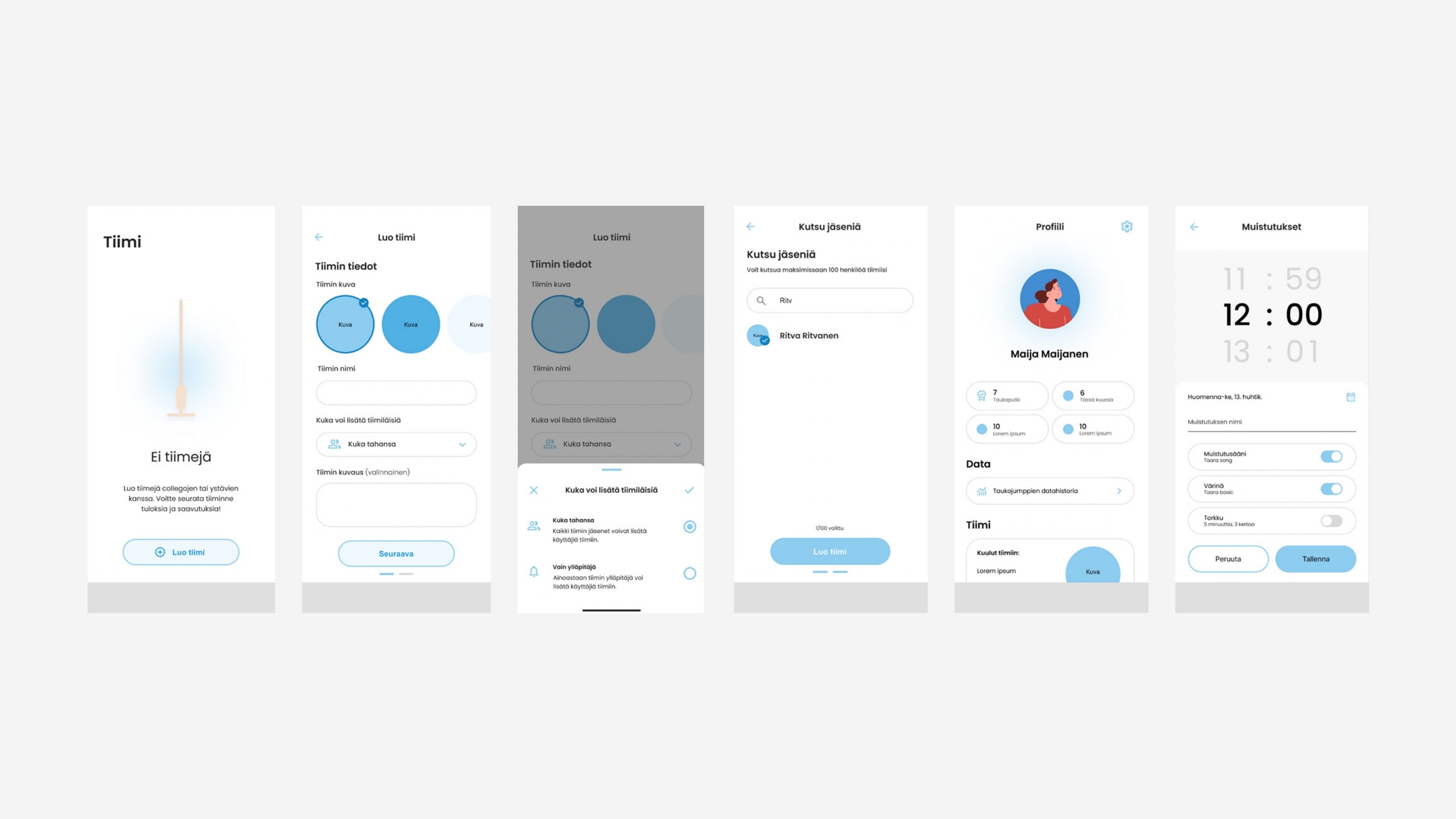 Early Taara application screens showing team creation, member invitations, profile and reminder views